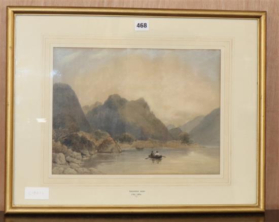 Attributed to Frederick Nash (1782-1856), watercolour, Rowing boat on a lake, 27 x 37cm
